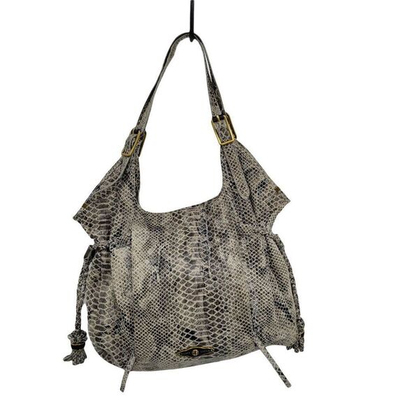 Elliott Lucca Leather Gray Cream Snakeskin Large Hobo Shoulder Bag Tassel Detail - Picture 1 of 14